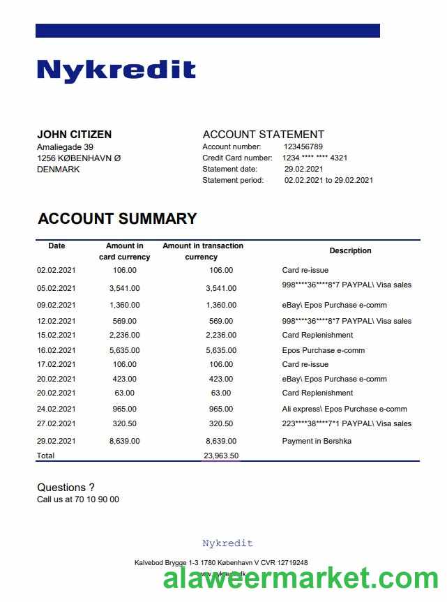 Denmark Nykredit bank statement easy to fill template in .xls and .pdf file format